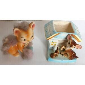 Vintage Arnart Japan Fuzzy Cat And Mom And Doe Planter Japan Set of 2